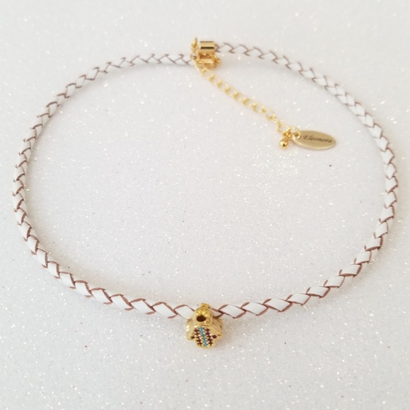 White braided round leather charm choker necklace. - Picture 3 of 6